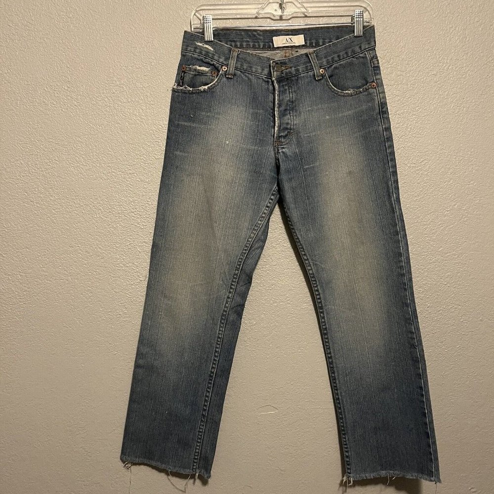 Armani Exchange AX Medium Wash Boyfriend Distressed Raw Hem Straight Jeans 4R